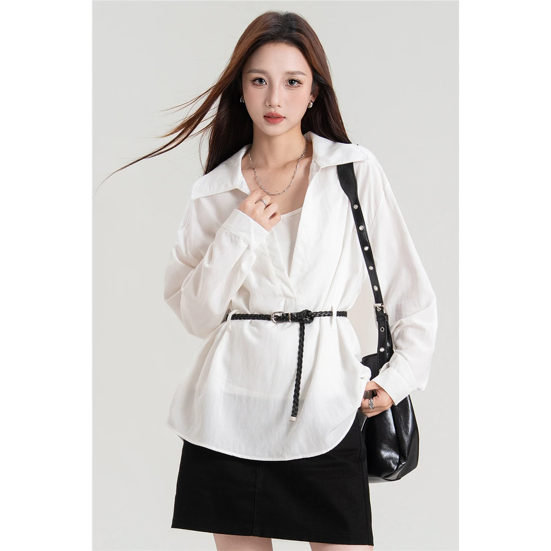 韩版简约时尚百搭长袖衬衫女早秋新款高贵洋气背心腰带三件套上衣