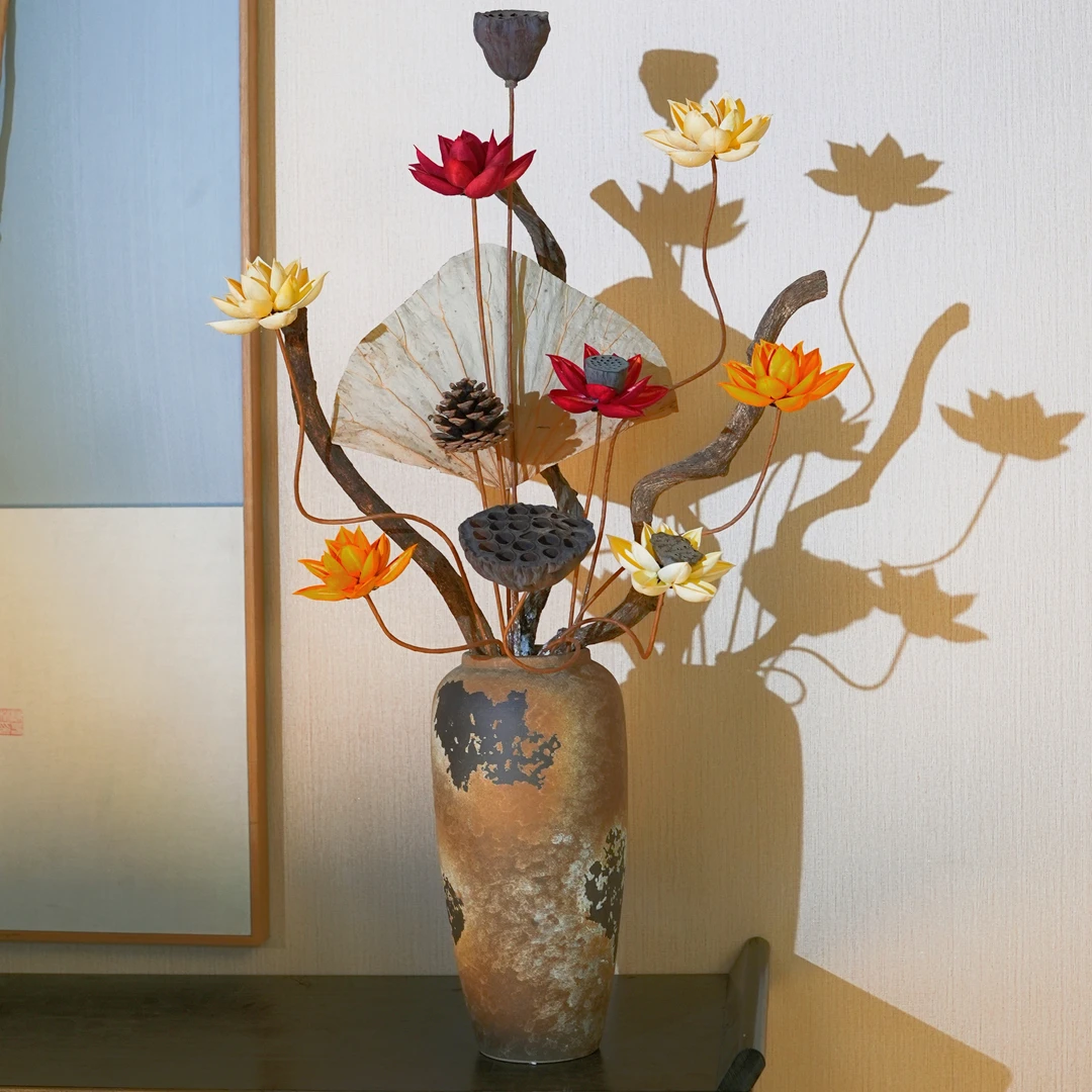 【夏荷】干花摆件落地摆饰客厅禅意花装饰插花干花手工高级摆件