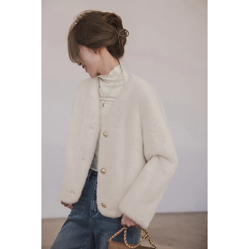 格林堡外套保暖防风 不易掉毛 直筒短款 v领 温柔