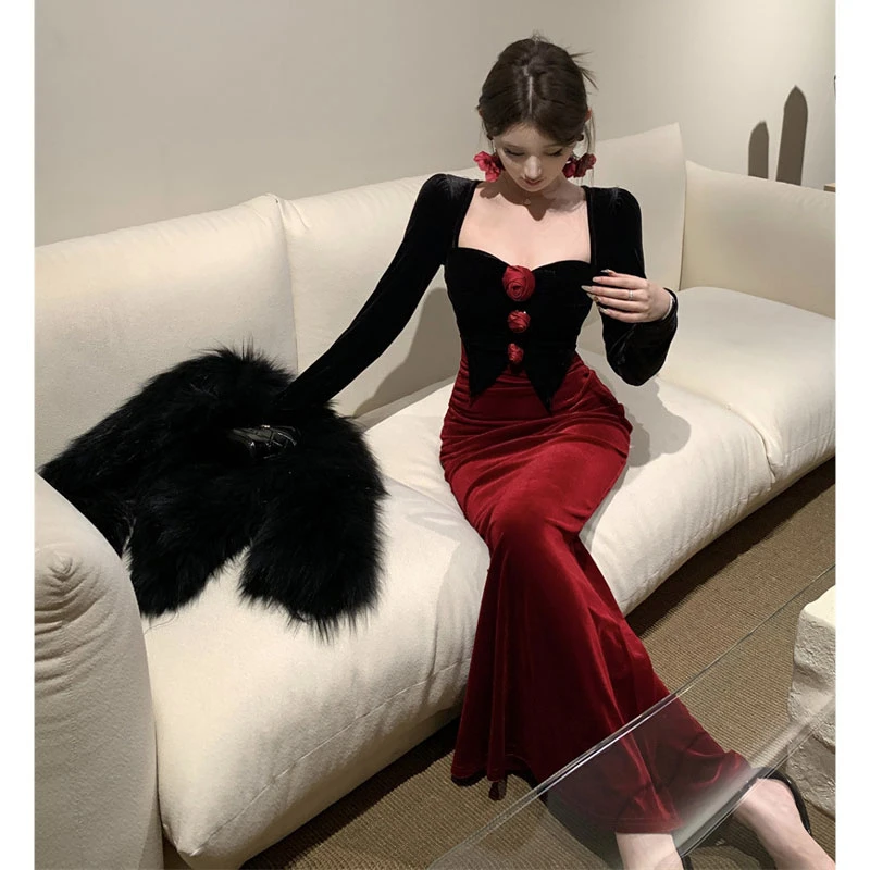 裙子秋冬款名媛御姐风晚宴会生日礼服裙高端气质法式丝绒连衣裙女