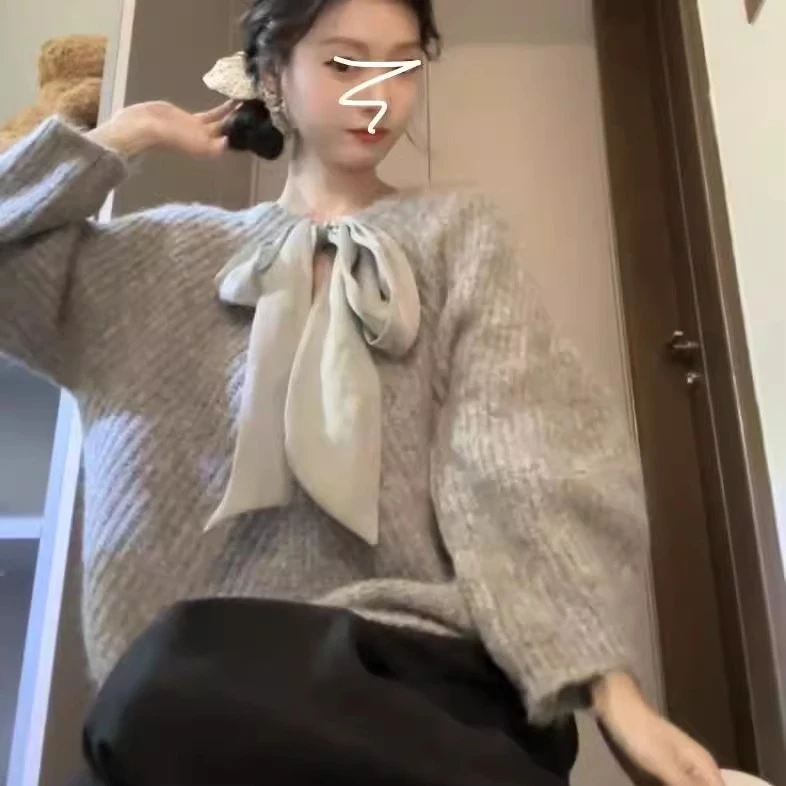 温柔风蝴蝶结针织毛衣女2025秋季新款设计感小众别致宽松长袖上衣
