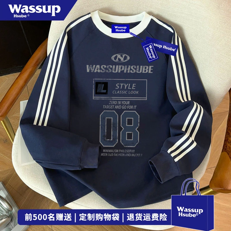 WASSUP HSUBE 国潮牌字母印花三条杠长袖T恤秋季ins百搭打底上衣