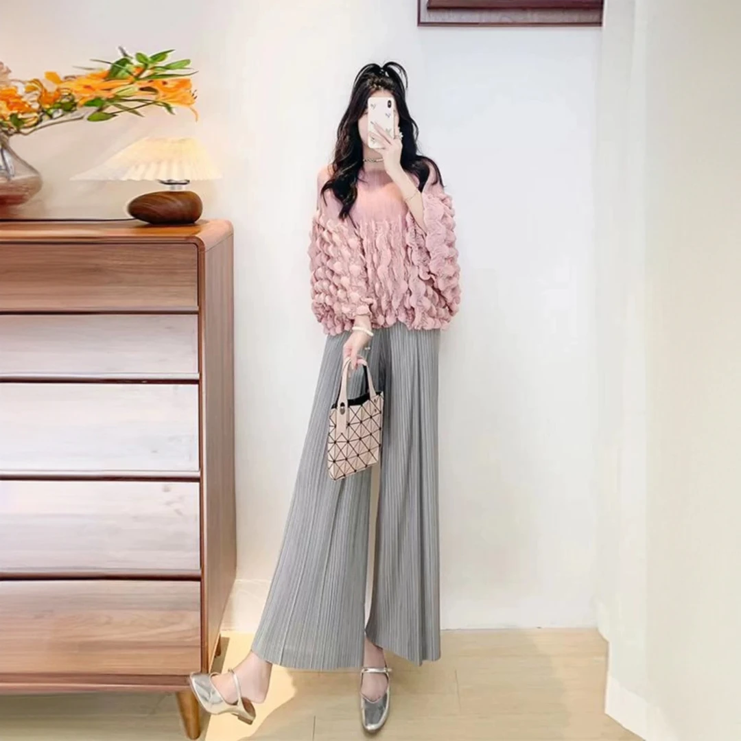 三宅褶皱春季新款纯色重工泡泡上衣小众设计感圆领时尚宽松T恤