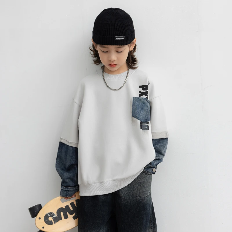 男童假两件卫衣春秋款2025新款中大儿童秋季打底衫男孩秋装上衣潮