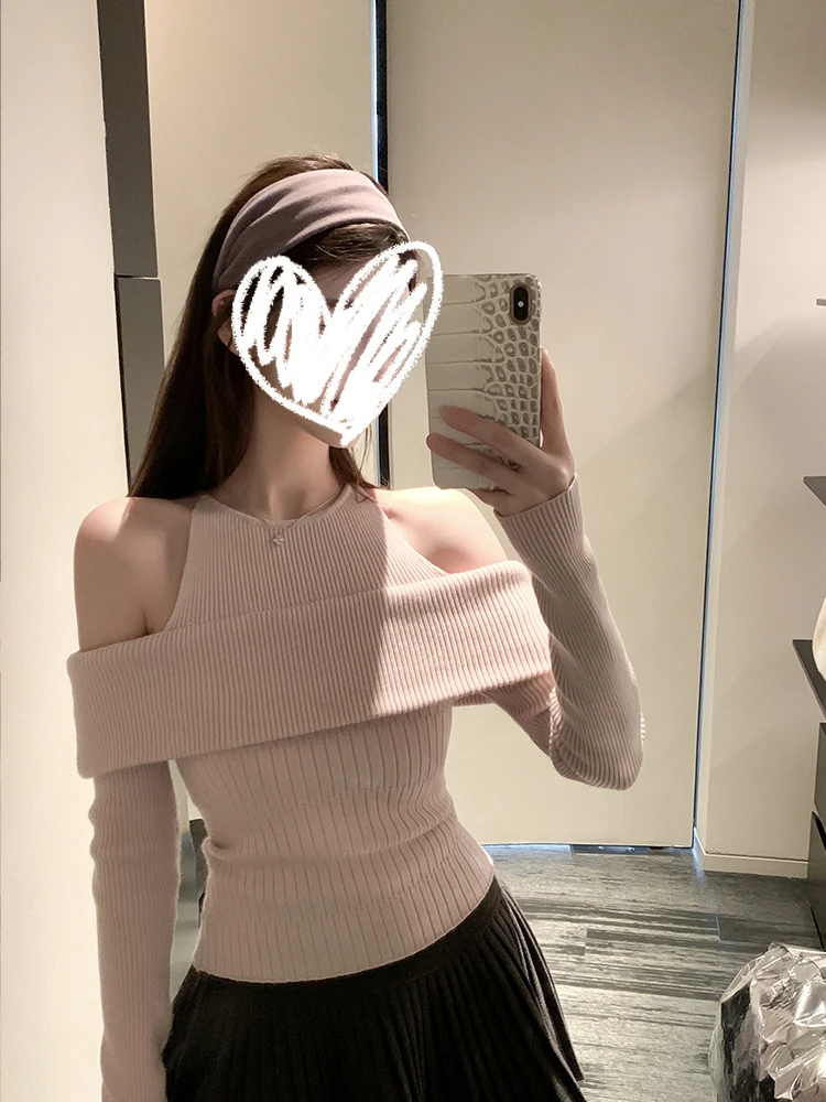 减龄少女穿搭假两件露肩针织上衣修身长袖T恤女早秋2025新款00148