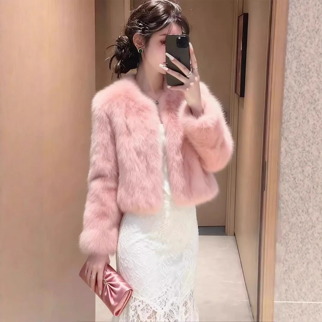 2025秋冬新款高级感粉色毛绒短外套女小香风气质名媛显瘦毛毛外套