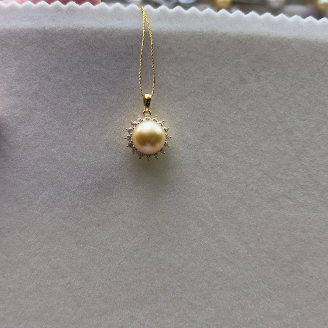 银S925镶嵌吊坠(不含链)海水珍珠10.5mm金珠太阳花