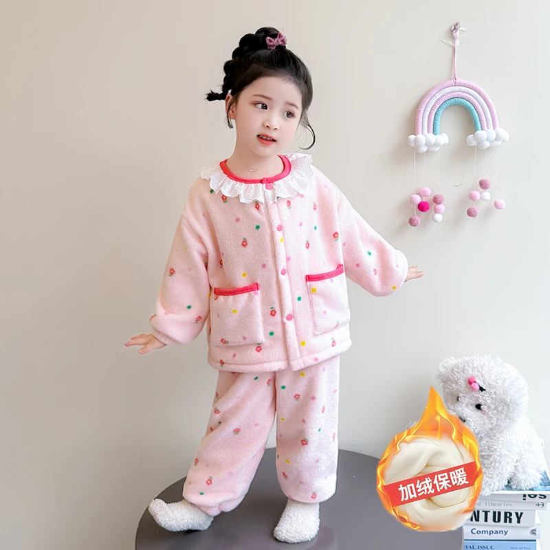 女童睡衣冬季儿童珊瑚绒加绒开衫法兰绒家居服宝宝秋冬宝宝睡衣