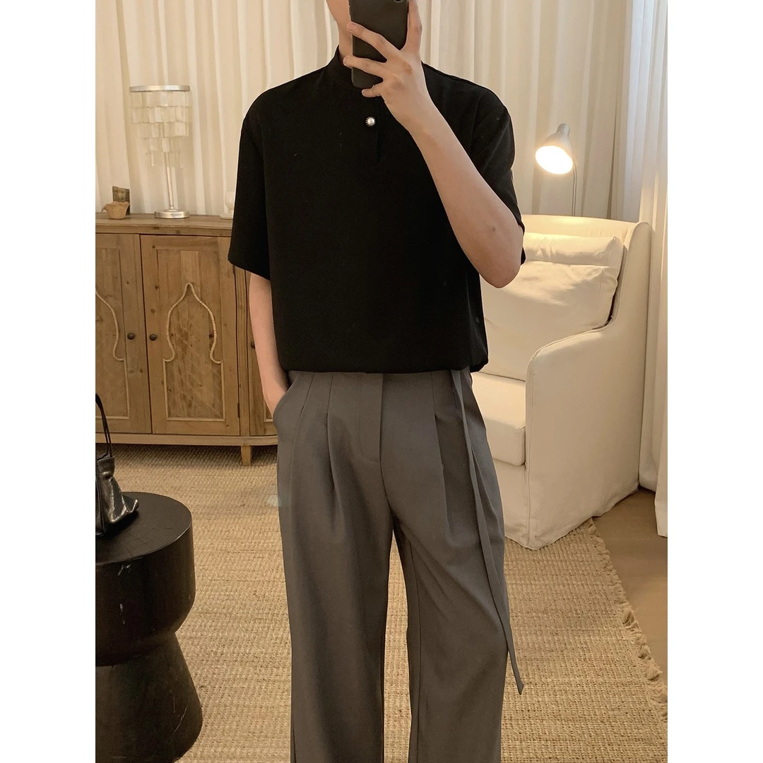 阿茶与阿古黑色一粒扣短袖衬衫夏季垂感宽松休闲气质衬衣A2505516