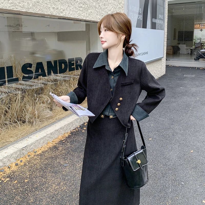 黑色法式复古高级感套装女2025秋季新款假两件短外套半身裙两件套