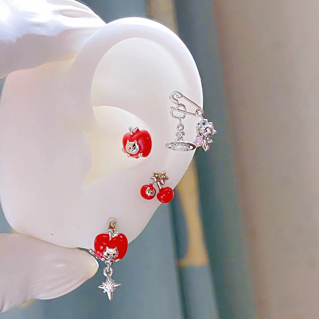 钛钢耳饰 红苹果红色耳钉甜美饰品精致古风百搭可爱时尚气质