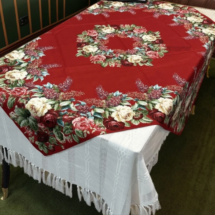 防油防污欧式印花家用客厅餐桌茶几圆形中国红加厚桌布盖巾防尘
