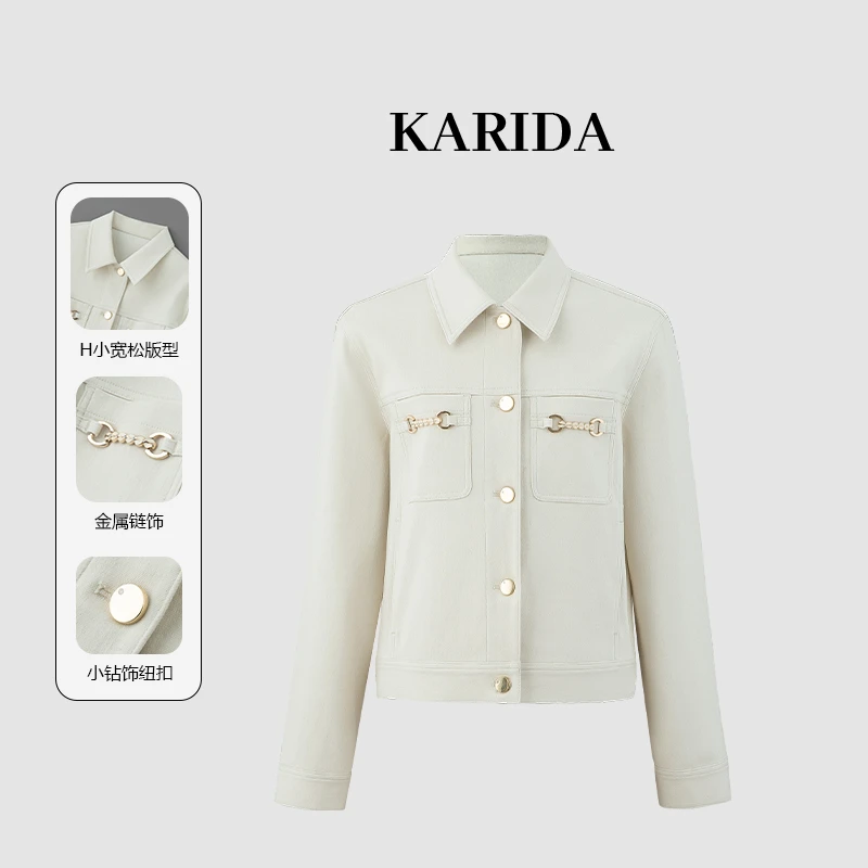 珂芮达【摩登都市】新款时尚气质翻领直筒显瘦金丝牛仔外套