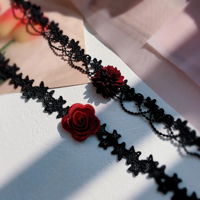 非金属布艺项链 黑色新款蕾丝缕空星星酒红色花朵颈链锁骨链甜妹