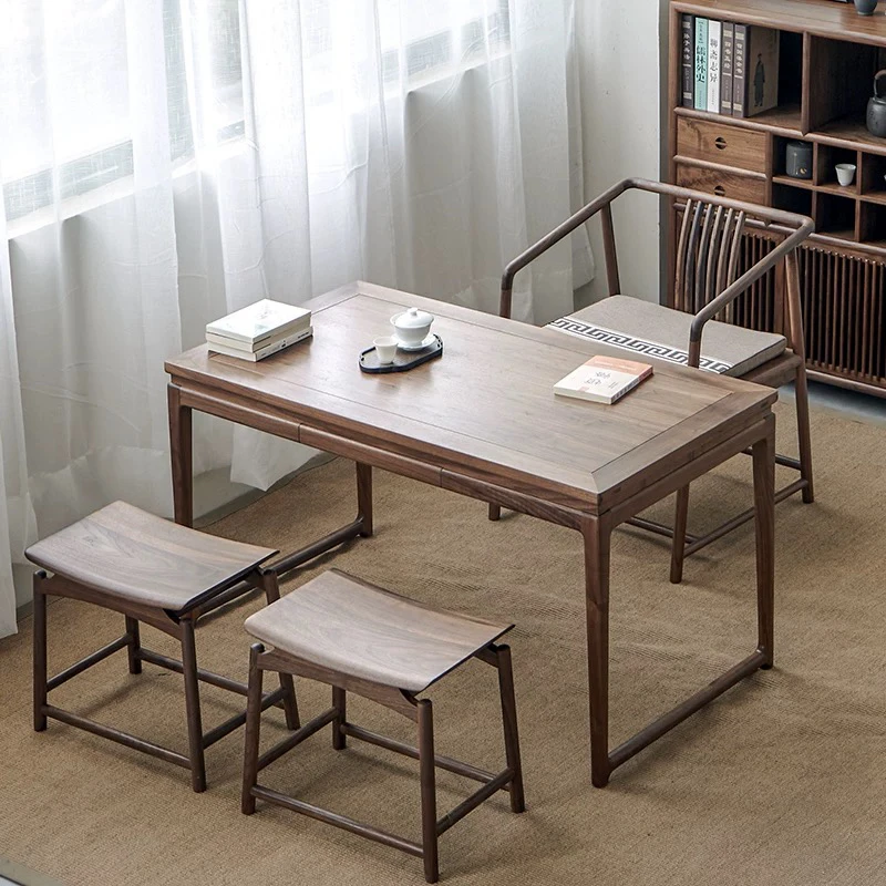 臻易坊新中式北美黑胡桃木茶桌椅组合老榆木阳台茶桌家用简约茶桌
