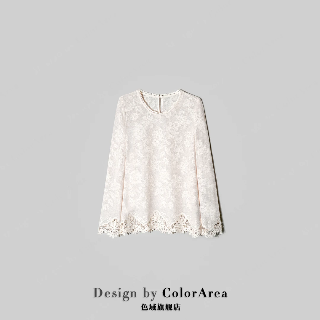 ColorArea/色域春季新款长袖打底衫百搭上衣蕾丝拼接提花刺绣小衫