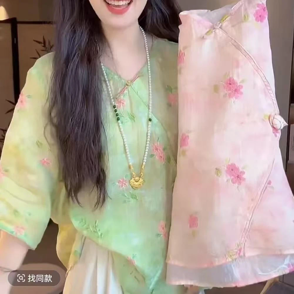 夏季新款复古中国风文艺百搭麻感女士衬衫粉色绿色6868