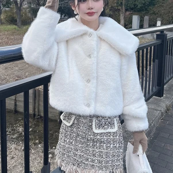 日单秋冬 钻石扣 大翻领 名媛范 仿皮草外套42X