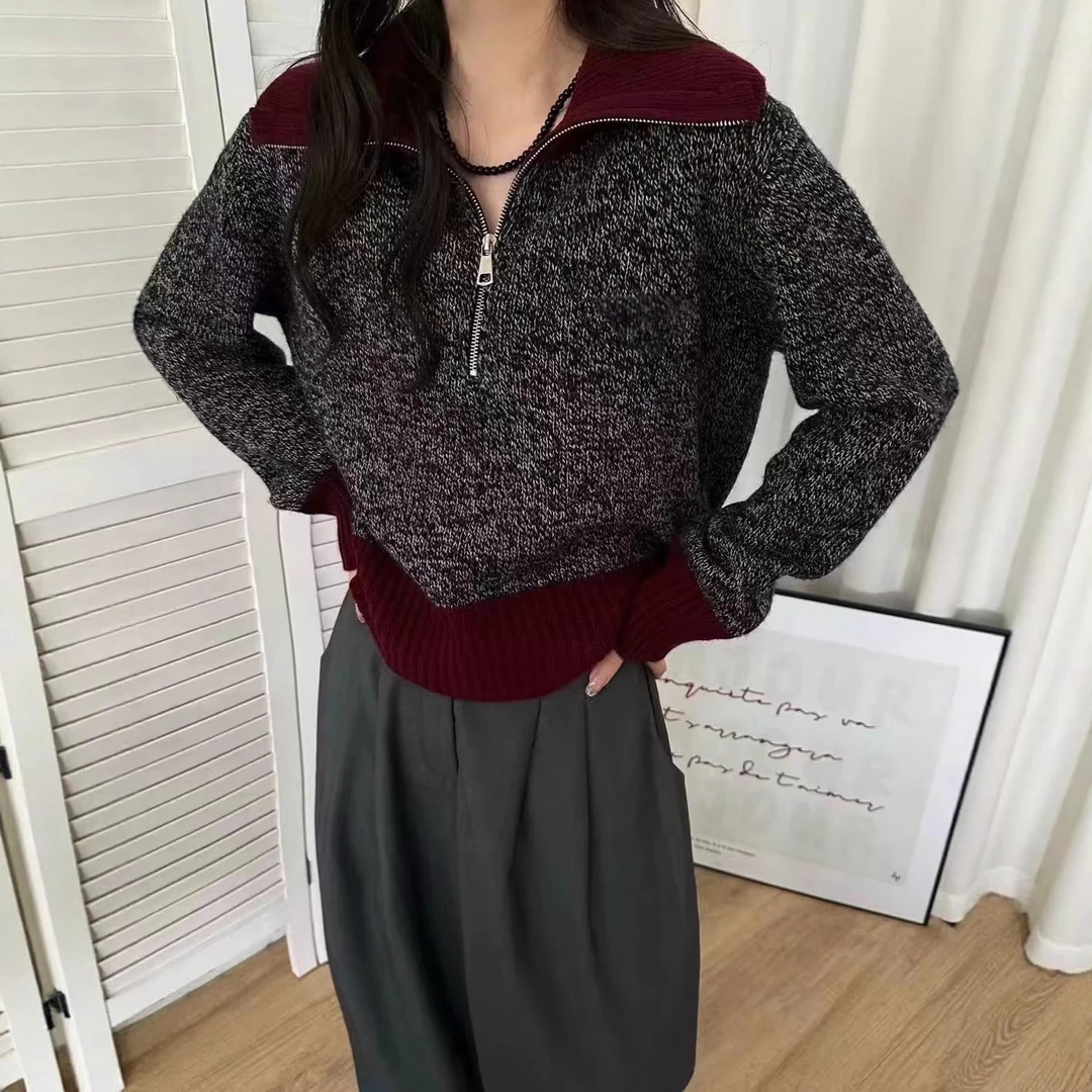 100全羊毛小香风款法式气质复古撞色宽松半拉链式羊毛衫