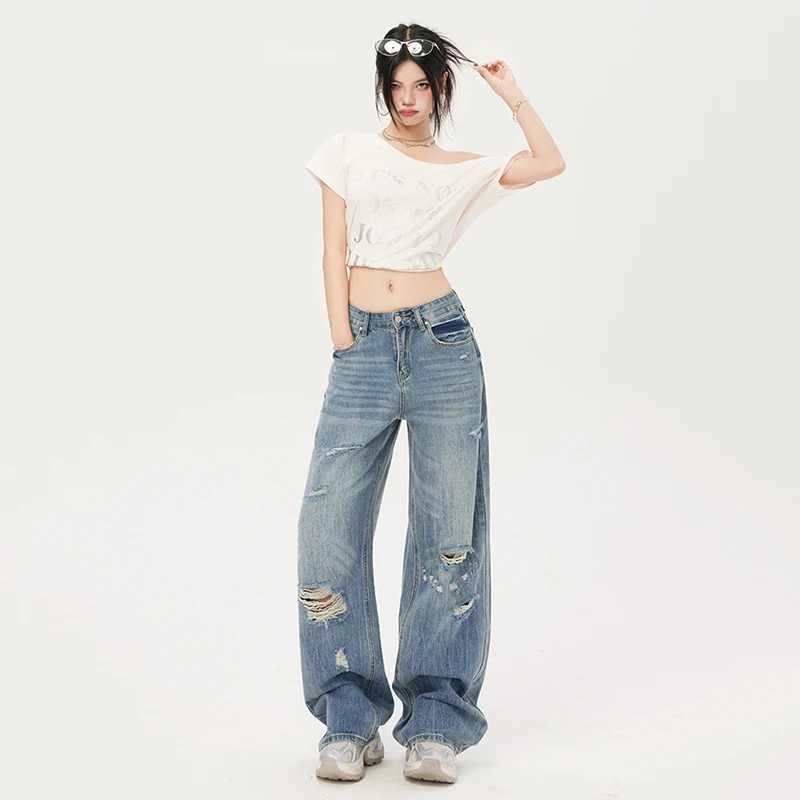 早秋新款美式复古破洞牛仔裤女宽松水洗直筒裤休闲拖地裤长裤子