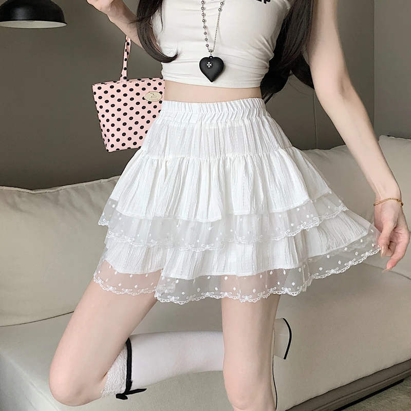 白色蕾丝短裙女夏季2025新款高腰芭蕾风蛋糕裙a字蓬蓬半身…