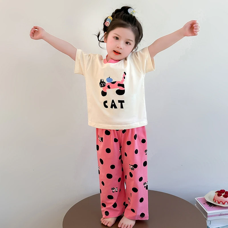 女童睡衣2025新款儿童夏款莫代尔短袖套装家居服卡通可爱猫猫款式