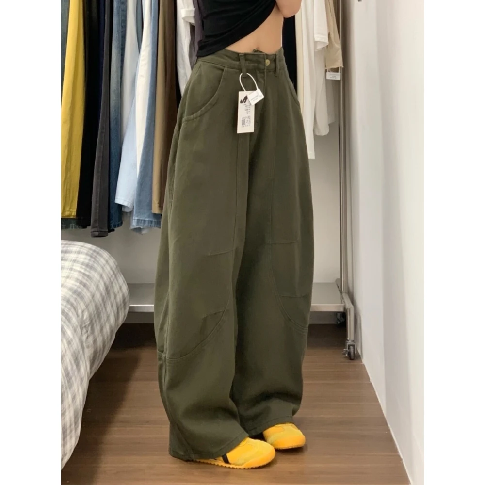 大码军绿色弯刀牛仔工装裤女美式复古设计感宽松阔腿显瘦直筒裤子