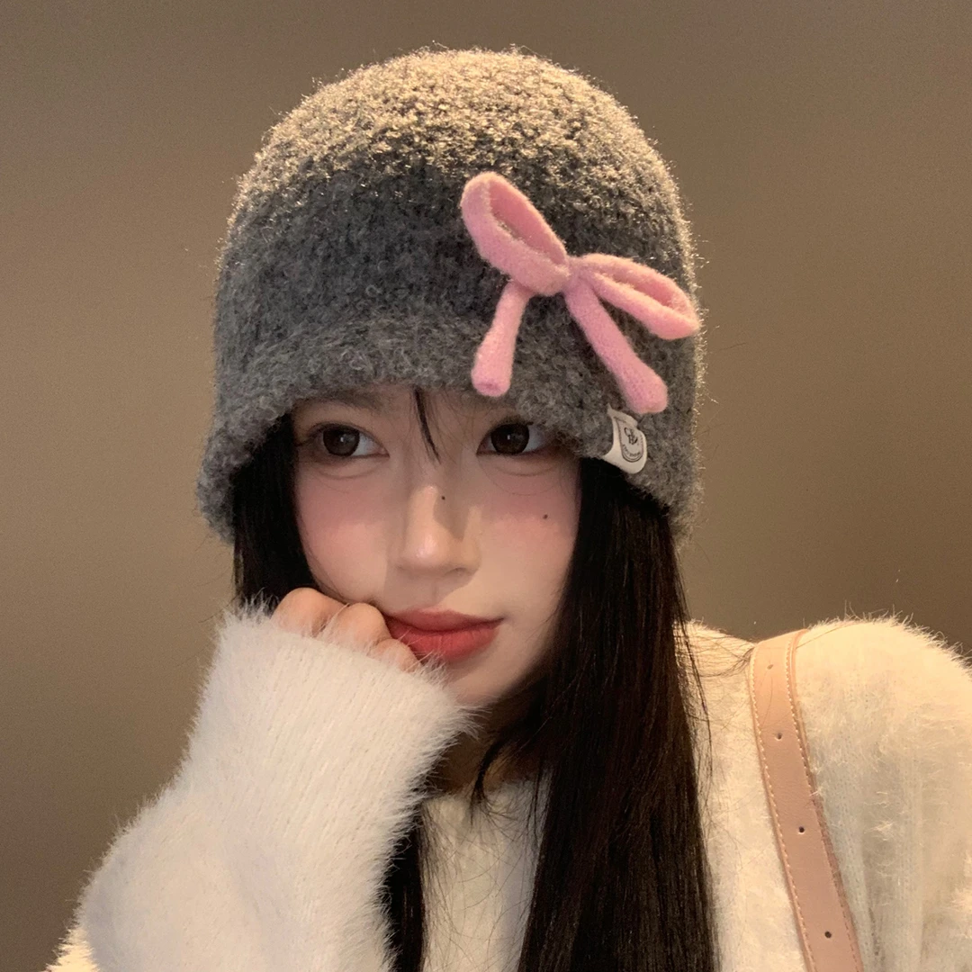 蝴蝶结针织包头帽女秋冬季韩系百搭显脸小毛线帽大头围保暖冷帽子