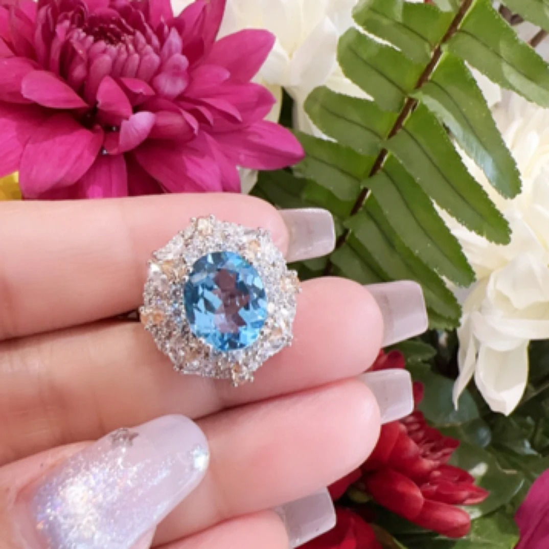 天然托帕石戒指925银镶魔鬼蓝