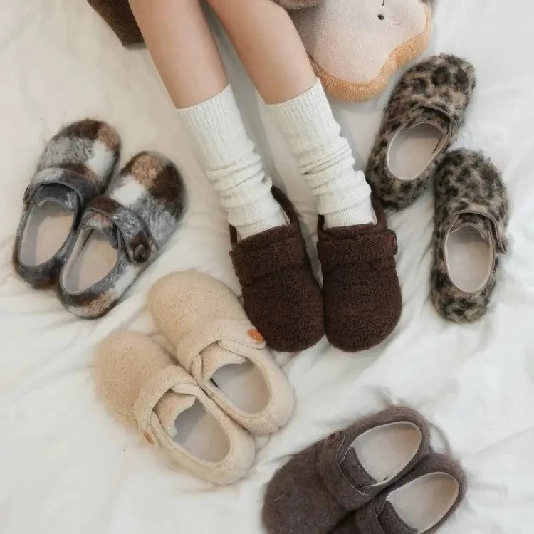 百搭厚底内增高棉鞋加绒保暖2025秋冬季新款圆头魔术贴豹纹毛毛鞋