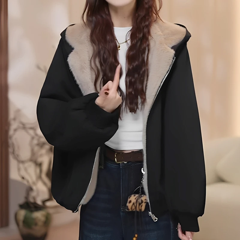 高端欧货2025年冬装新款连帽加绒两面穿百搭休闲棉服棉衣女外套