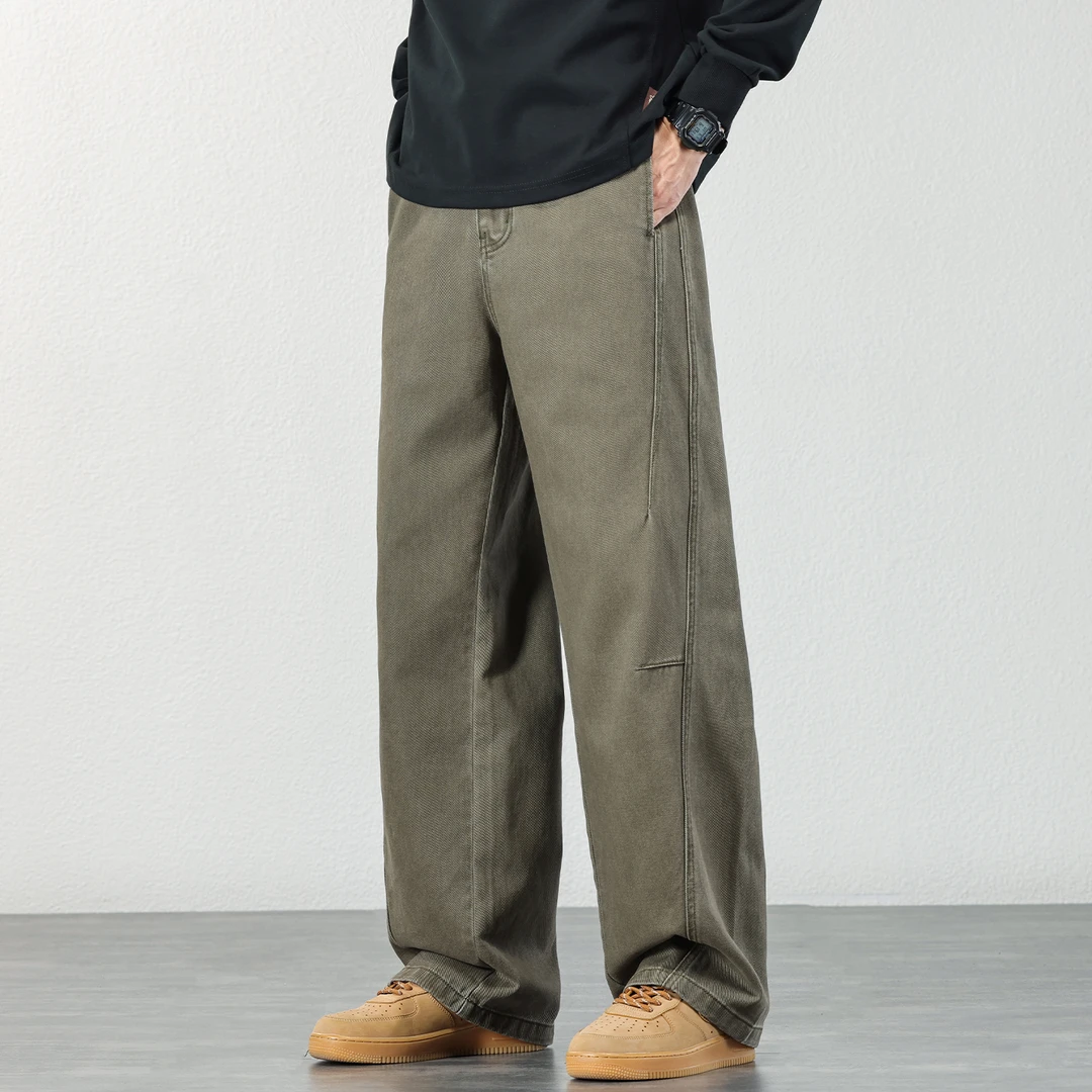 军绿色休闲裤男士秋冬季新款纯棉直筒长裤宽松设计感拖地长裤子男