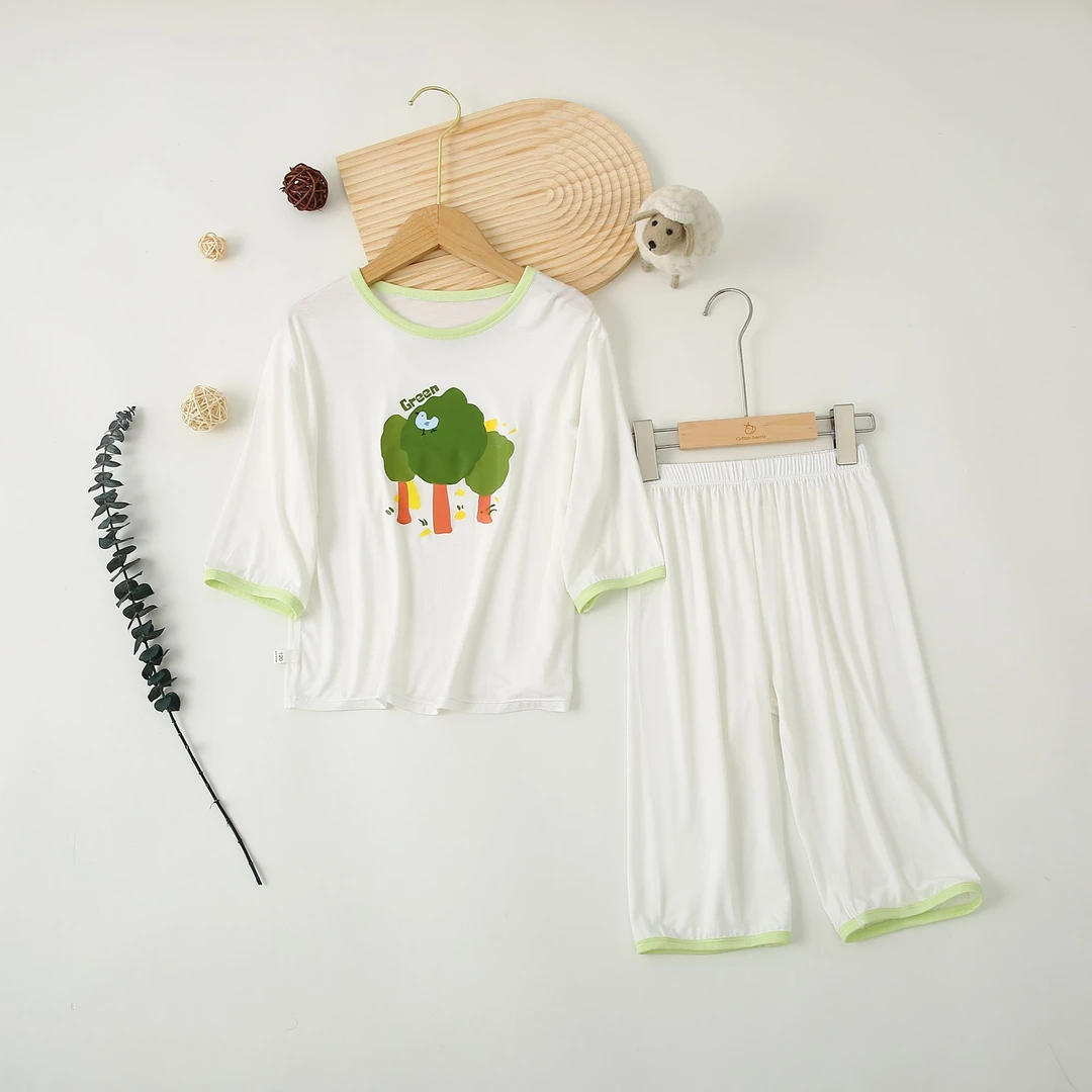 棉甲虫儿童家居服夏季男女孩薄款睡衣七分袖套装