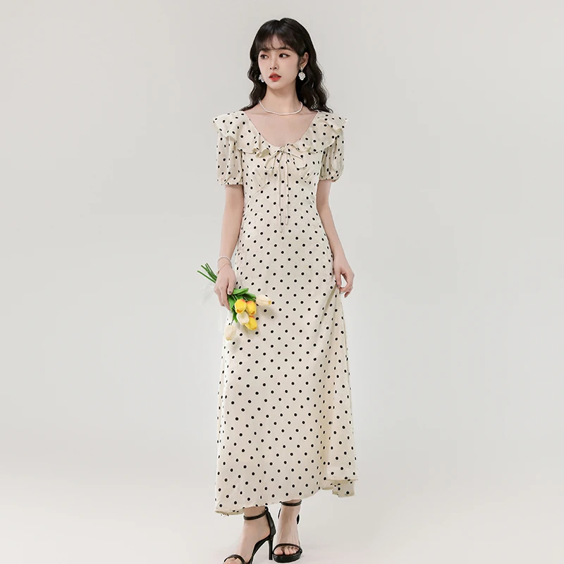 2025夏季新款法式荷叶领蝴蝶结圆点缎面花朵暗纹长短款连衣裙女