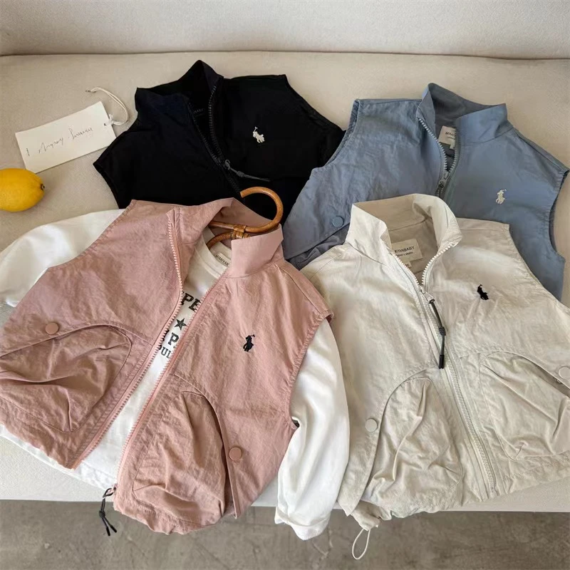 Q儿童外套品男女童纯色拉链马甲宝宝刺绣无袖衣潮50076