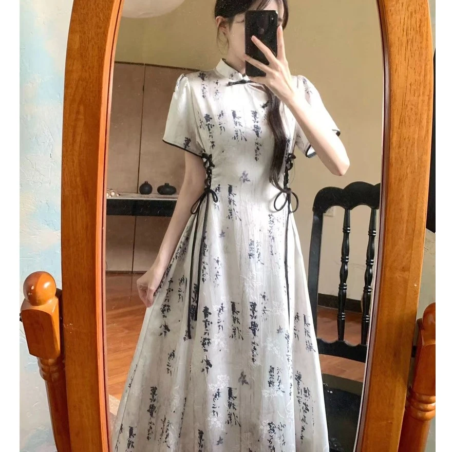 【C30】2025夏季女新中式穿搭改良国风水墨印花裙气质显瘦连衣裙