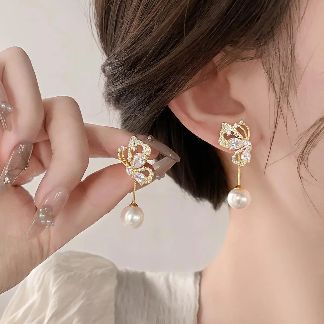 CAIEM KAIET 925银耳饰 一款两戴蝴蝶珍珠耳钉纯银时尚百搭耳饰