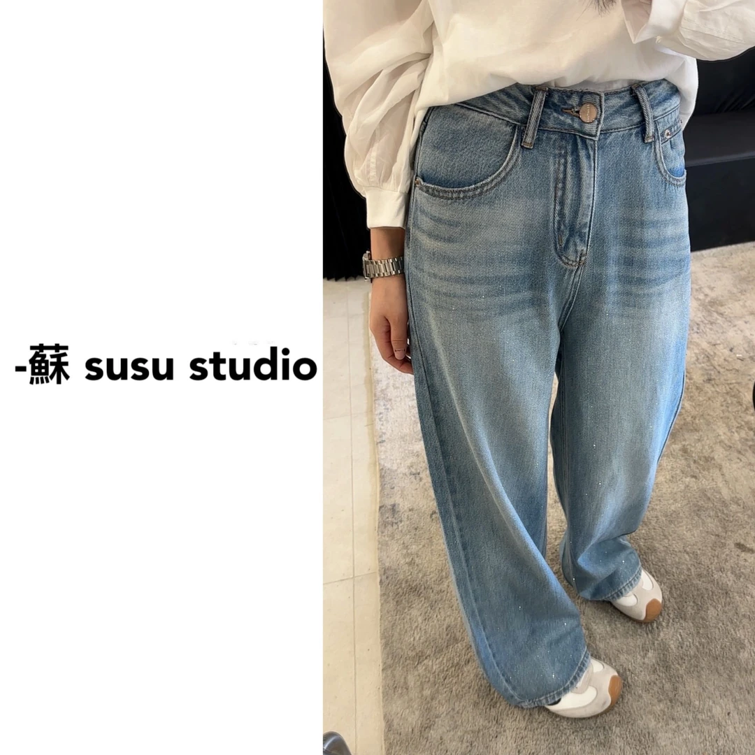 韩系浅蓝色闪闪裤直筒牛仔裤2025春夏新款百搭休闲阔腿裤K25033X
