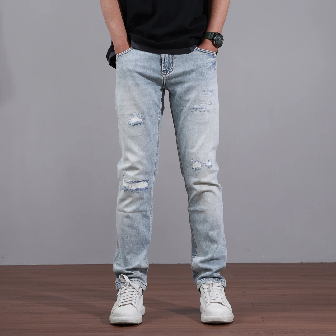补丁破洞牛仔裤男款春秋潮牌不漏肉修身小直筒潮流百搭时尚长裤子