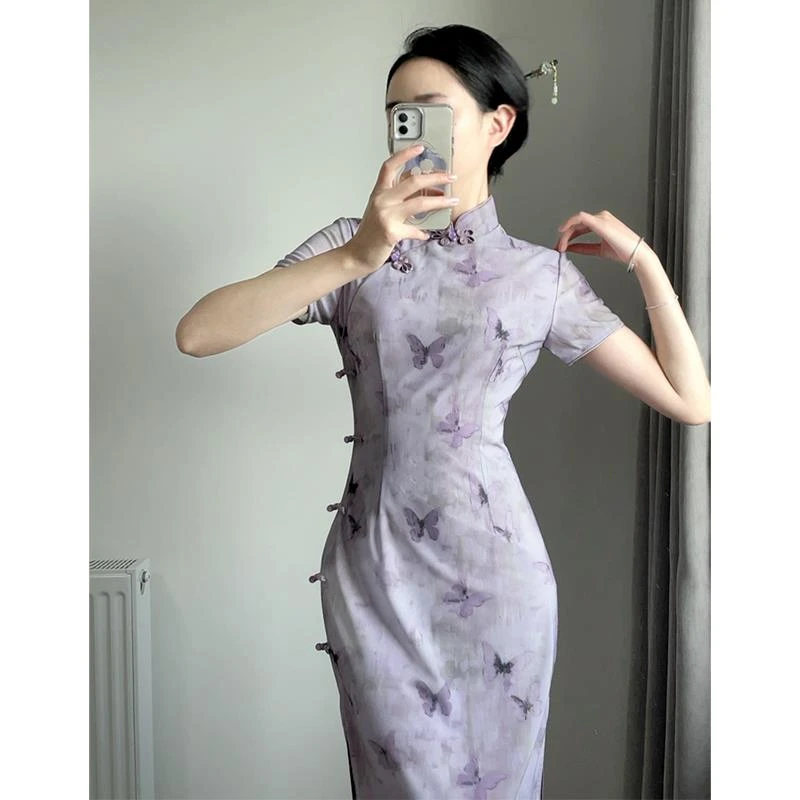 紫色旗袍高考送考长款2025新款改良年轻款气质复古新中式日常素雅