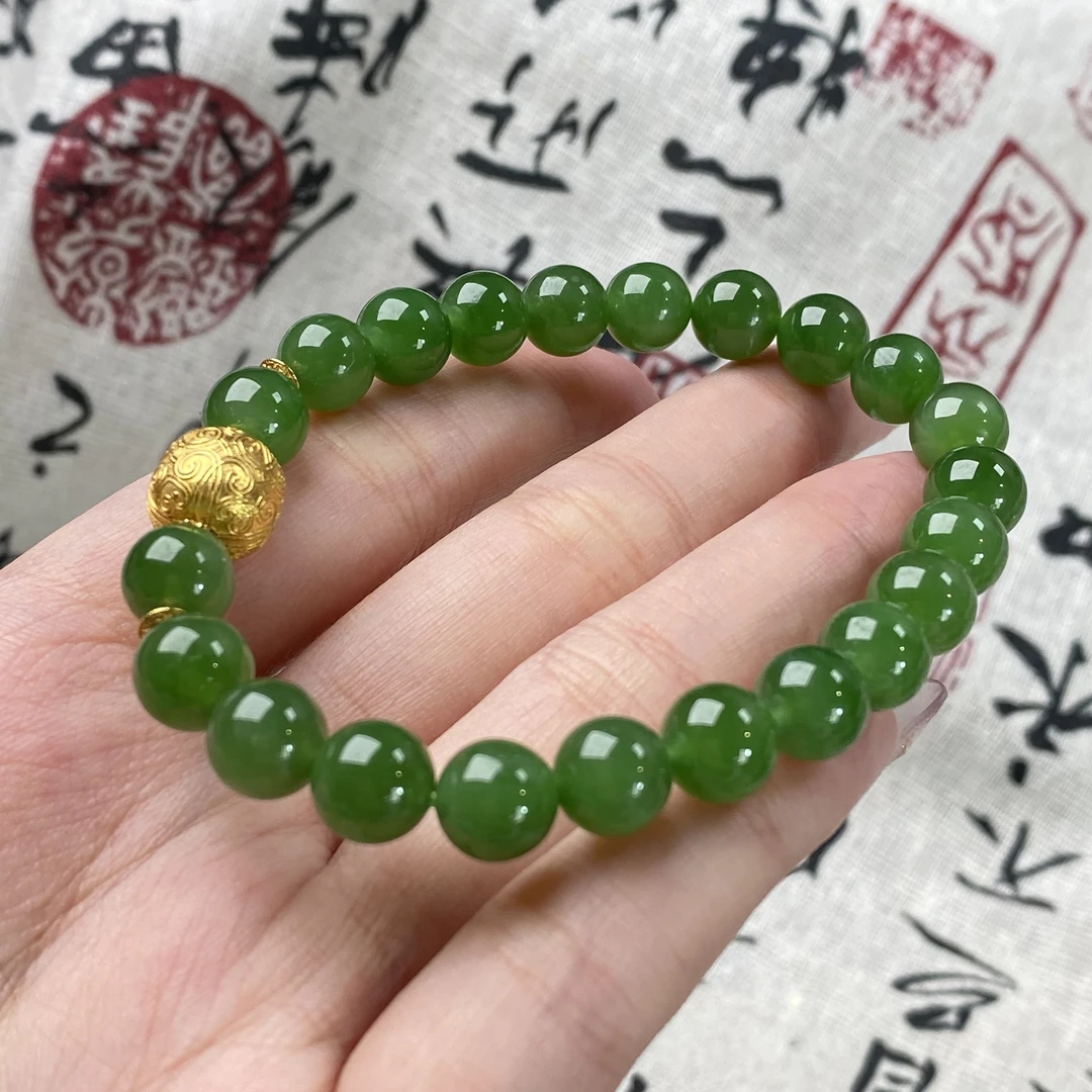 【福源珍宝】和田玉碧玉8MM冰底18K金设计款手串