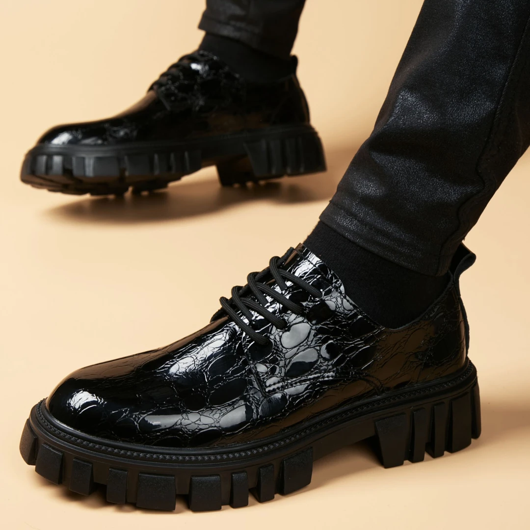 卡汐沐『精选』力荐！大头皮鞋男士新款商务正装英伦风亮面厚底潮鞋