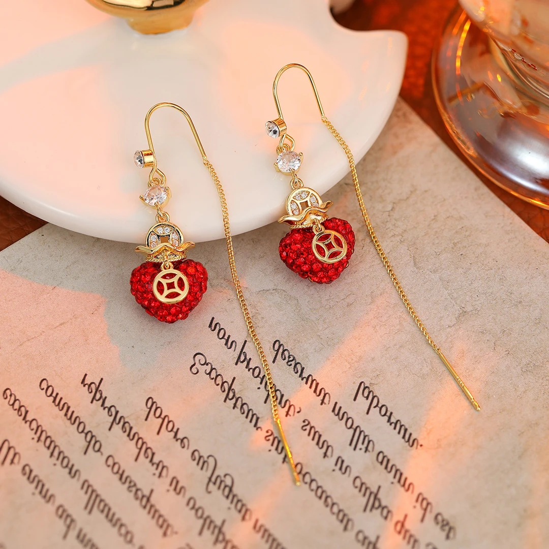 铜合金合成锆石耳饰 气质金色原创设计爱心防丢耳线精致复古喜庆