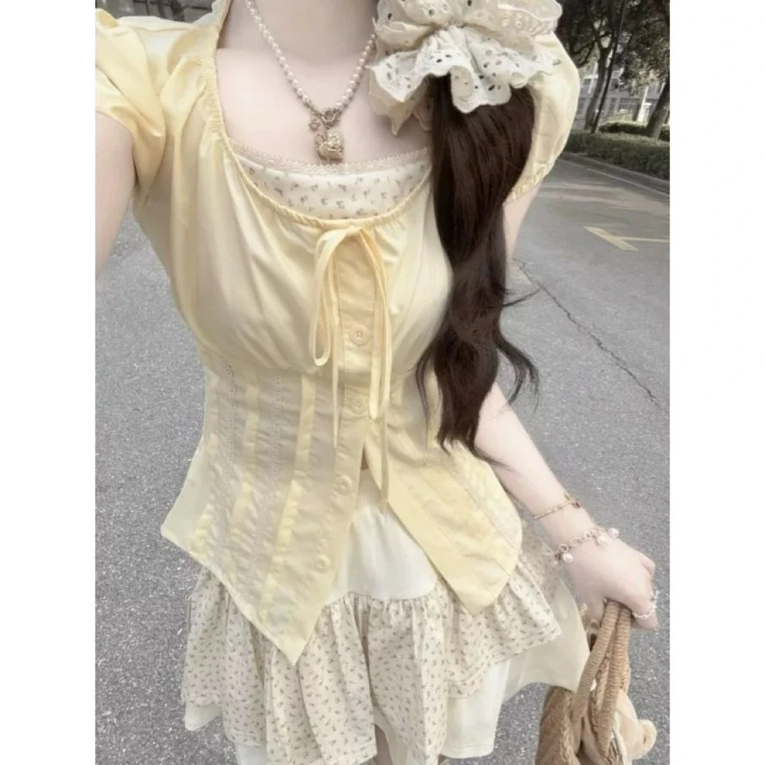 温柔甜妹奶乖穿搭套装裙女夏假两件收腰衬衫碎花百褶短裙子两件套