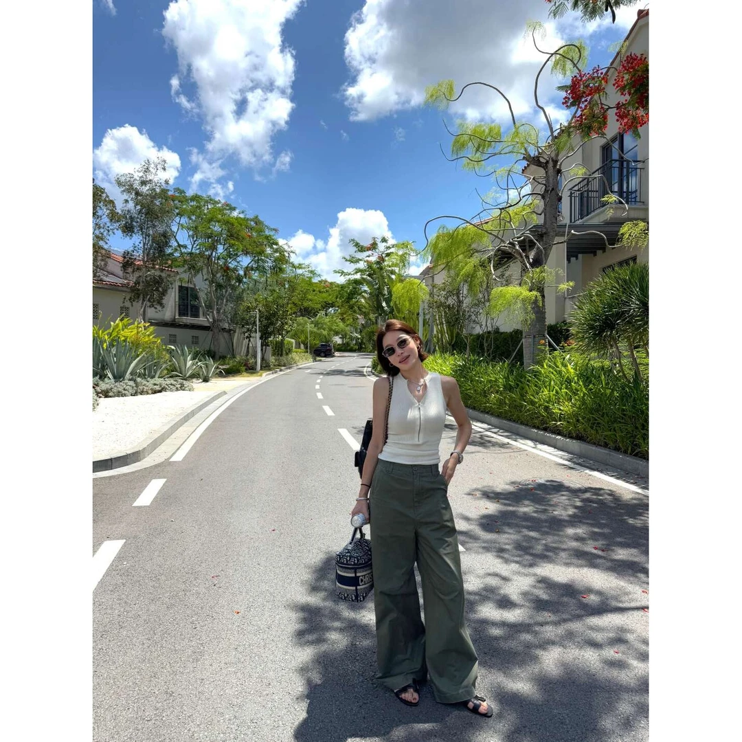 YANGLE_直筒工装裤女2025新款夏高腰宽松慵懒纯棉绿色拖地休闲裤