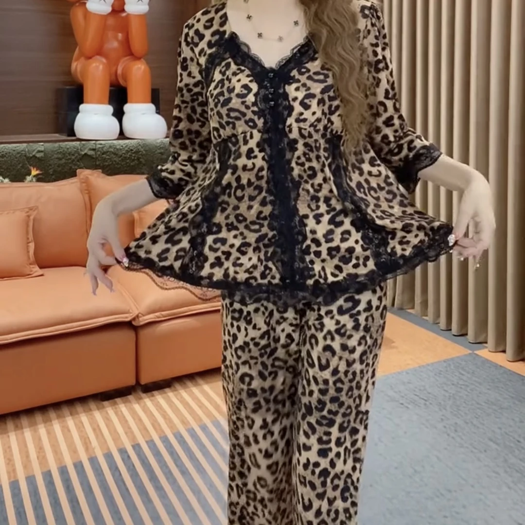 鑫家11311秋冬新款大码家居服睡衣微弹蕾丝花边