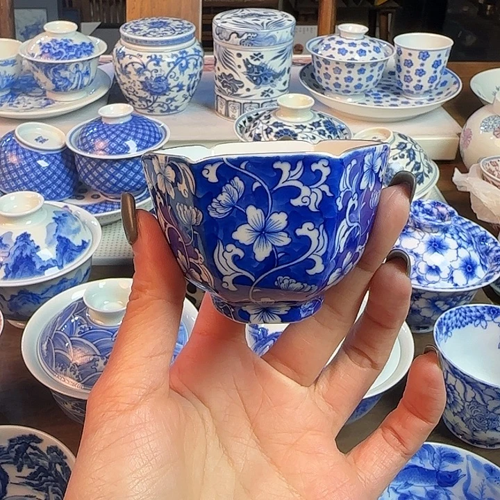 名窑口 蓝底六方花卉主人杯放漏