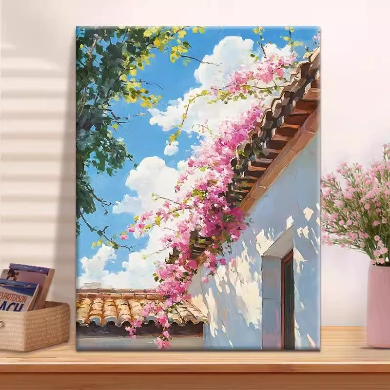 （花与蓝天）diy数字油画红线条手工填涂色解压治愈丙烯装饰画