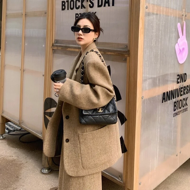 时尚高级感小洋装2025秋冬新款韩系穿搭廓形毛呢西装外套两件套装