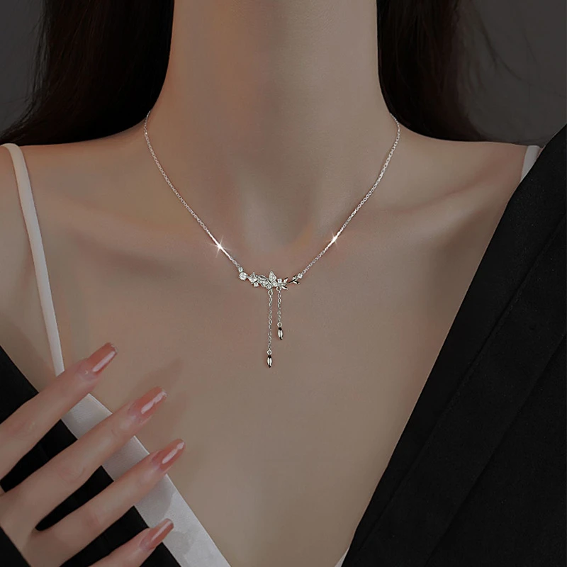 坠链均足银锆石 999纯银花间蝴蝶项链女时尚锁骨链七夕礼物送女友